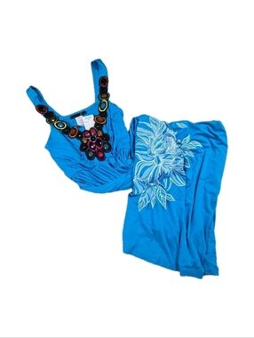 Y2K MCM Blue Floral Maxi Dress Petite S Beaded Sleeveless Stretchy Summer Vacay